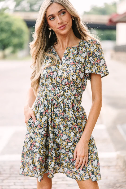 Tell It All Charcoal Gray Ditsy Floral Dress