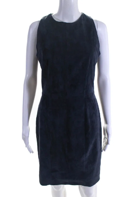 Sharis Place Womens Lexwe Sleeveless Suede Sheath Dress Navy Blue