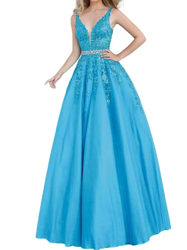 Embellished Lace Prom Dress In Turq