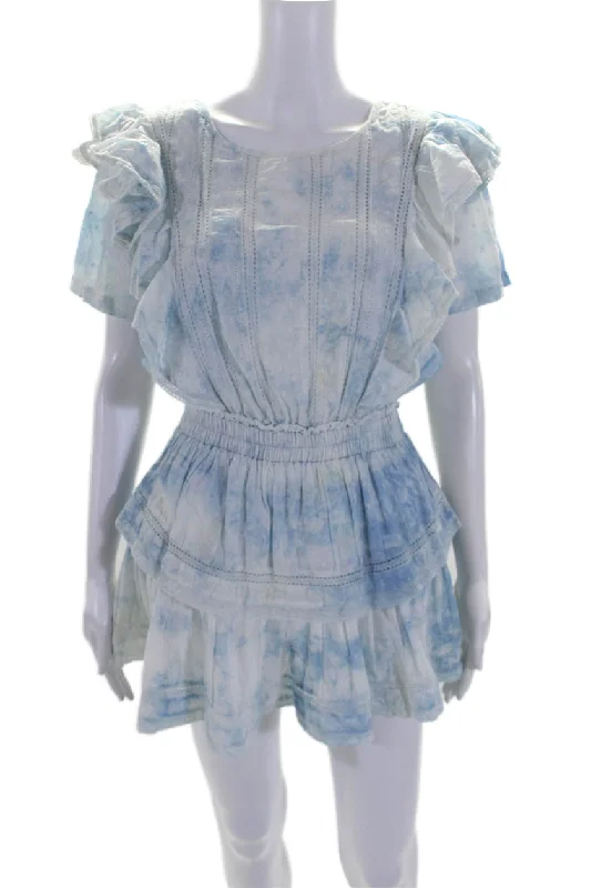 Love Shack Fancy Womens Blue Tie Dye Ruffle Short Sleeve Shift Dress