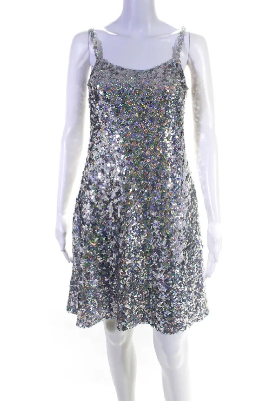 Rodarte Womens Holographic Sequin Sleeveless Mini Sheath Dress Silver