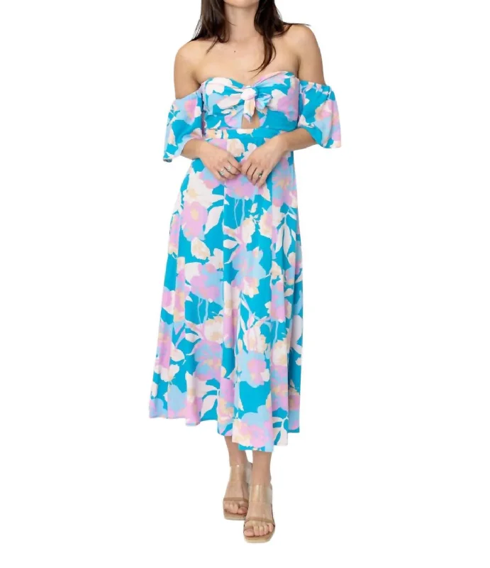 Off Shoulder Dress In Blue Pink Florals