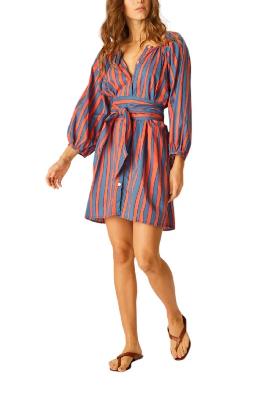 Alex Short Dress With Sash In Batik Stripe Blood Orange