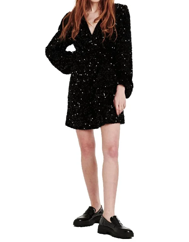 Mina Front Wrap Dress In Black Sequin