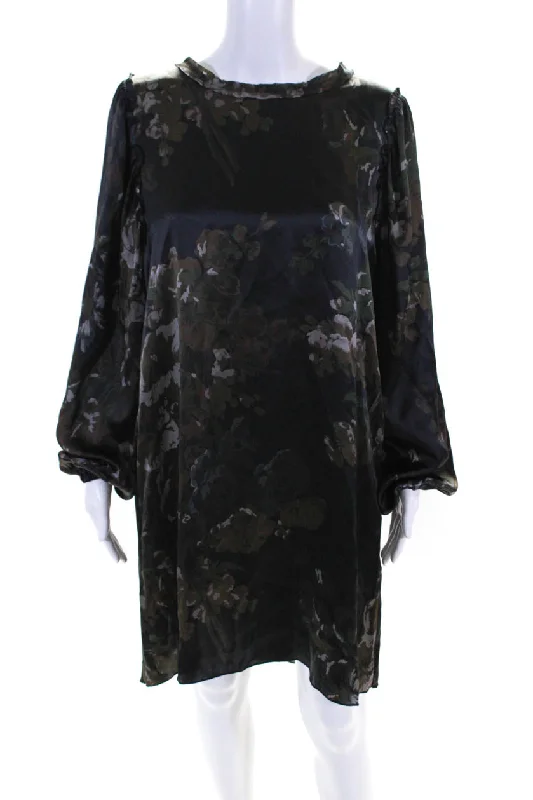 Gold Hawk Womens Black Floral Silk Scoop Neck Long Sleeve A-line Dress