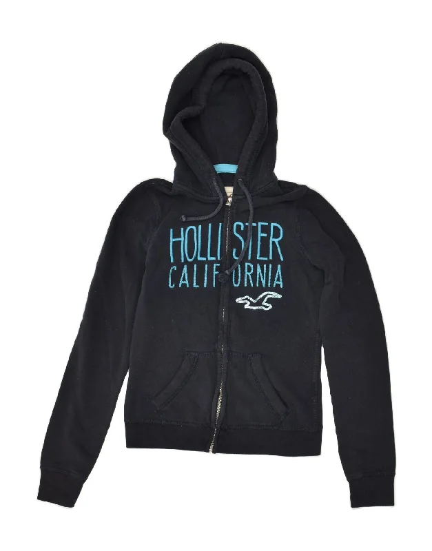 HOLLISTER Womens Graphic Zip Hoodie Sweater UK 6 XS Navy Blue Cotton