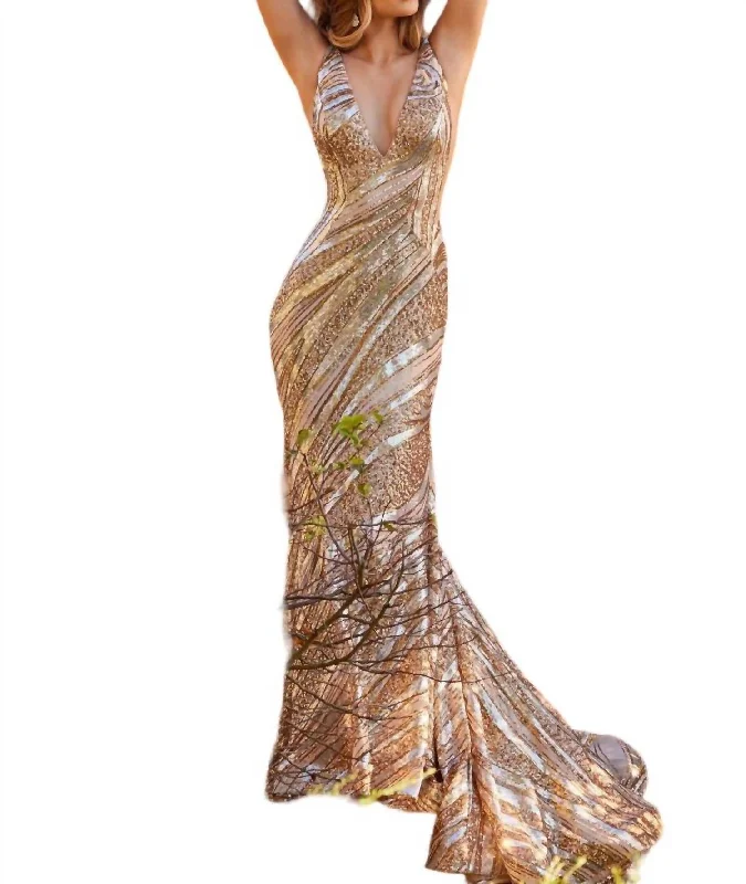 Sequin Mermaid Dress In Nude/silver/gold