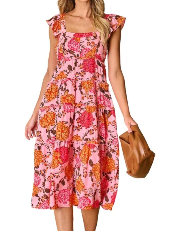 Fun Midi Dress In Pink Floral