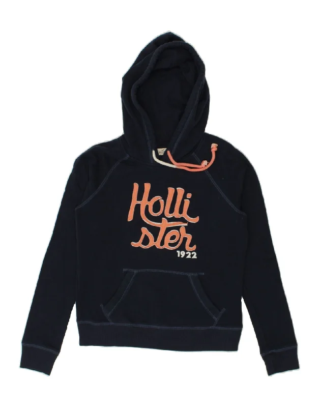 HOLLISTER Womens Graphic Hoodie Jumper UK 6 XS Navy Blue Cotton