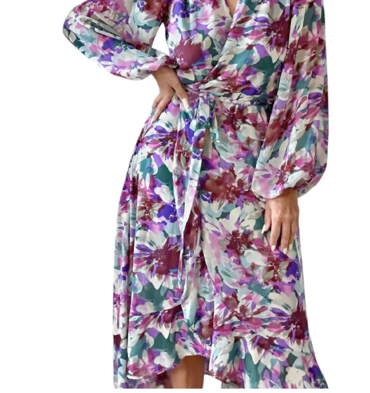 Cassandra Long Sleeve Wrap Dress In Purple Multi