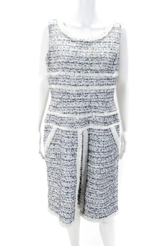 Oscar de la Renta Womens Tweed Fringe Sleeveless Sheath Dress Blue White