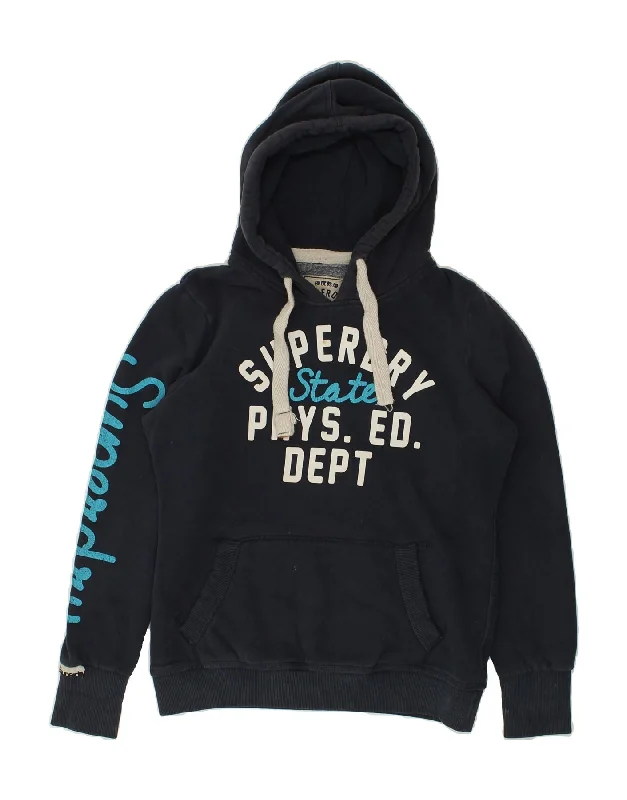 SUPERDRY Womens Graphic Hoodie Jumper UK 16 Large Navy Blue Cotton