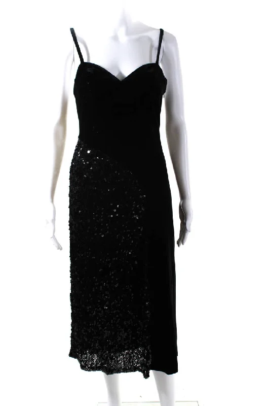 Quetsche Womens Sequin Velvet Spaghetti Strap Midi Sheath Dress Black