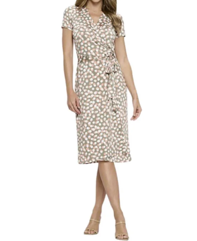 Polka Dot V Neck Wrap Dress With Tie In Light Olive