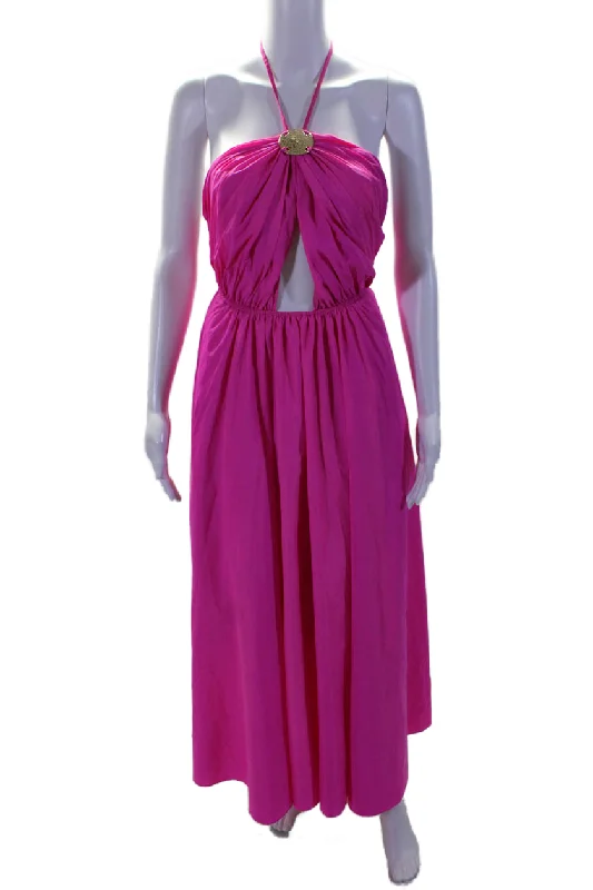 Staud Womens Halter Neck Sleeveless High Waist A Line Maxi Dress Hot Pink