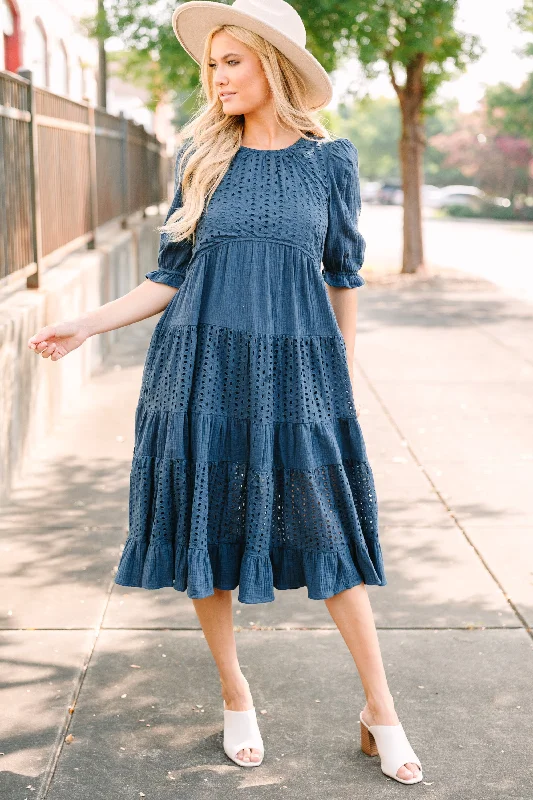 Making Moves Navy Blue Eyelet Midi Dress