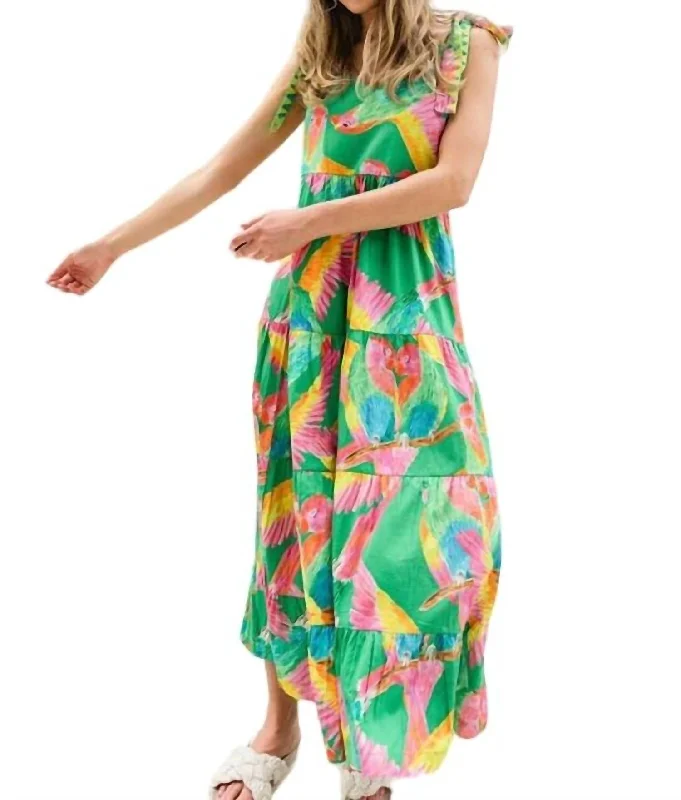 Annie Embroidered Tie Shoulder Maxi Dress In Tropical Bird