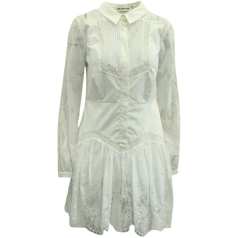 Self Portrait Lace Trimmed Dress in White Cotton