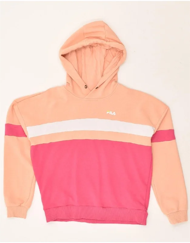 FILA Womens Graphic Hoodie Jumper UK 10 Small Pink Colourblock Cotton