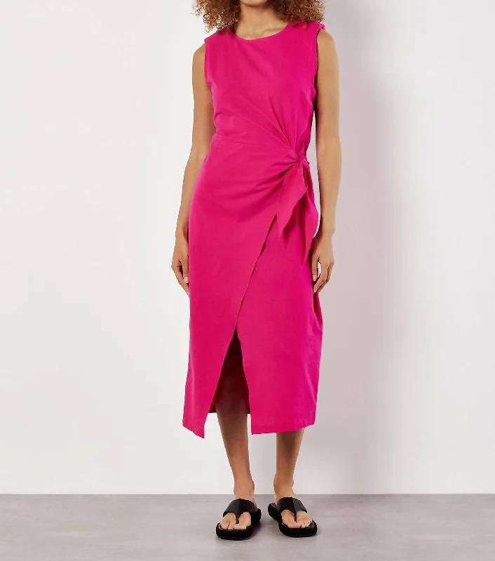 Wrap & Knot Cotton Midi Dress In Fuchsia