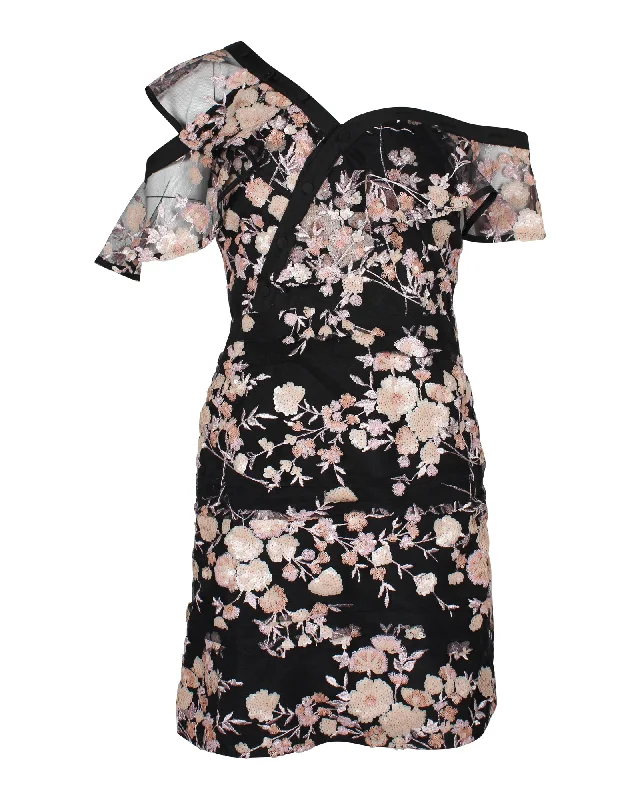 Self-Portrait Floral Asymmetric Sleeve Mini Dress in Black Polyester