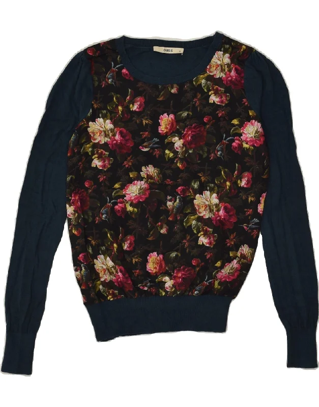 OASIS Womens Crew Neck Jumper Sweater UK 6 XS Navy Blue Floral