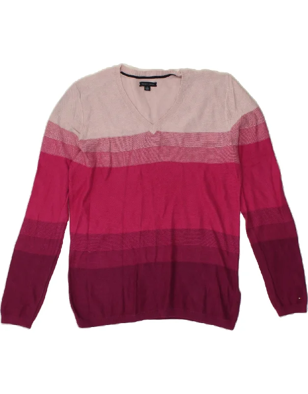 TOMMY HILFIGER Womens V-Neck Jumper Sweater UK 18 XL Pink Colourblock