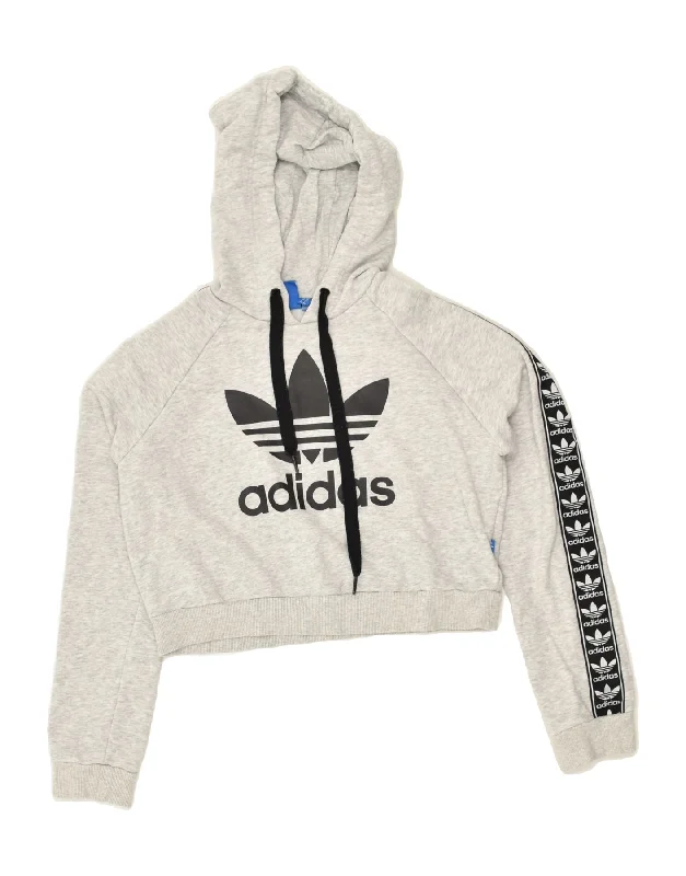 ADIDAS Womens Crop Graphic Hoodie Jumper UK 8 Small  Grey Cotton