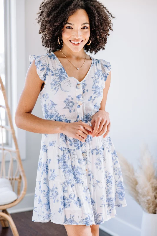 The Real You Ivory and Blue Floral Dress