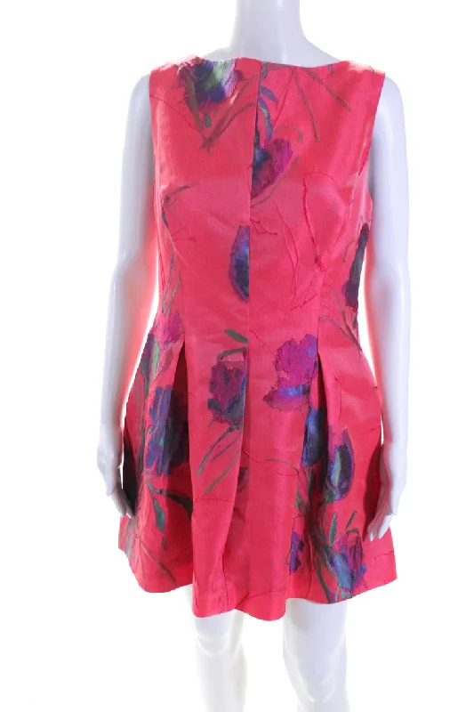 Lela Rose Womens Red Crepe Floral Crew Neck Sleeveless Fit & Flare Dress