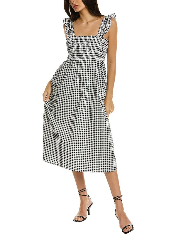 Womens Checkered Poplin Midi Dress