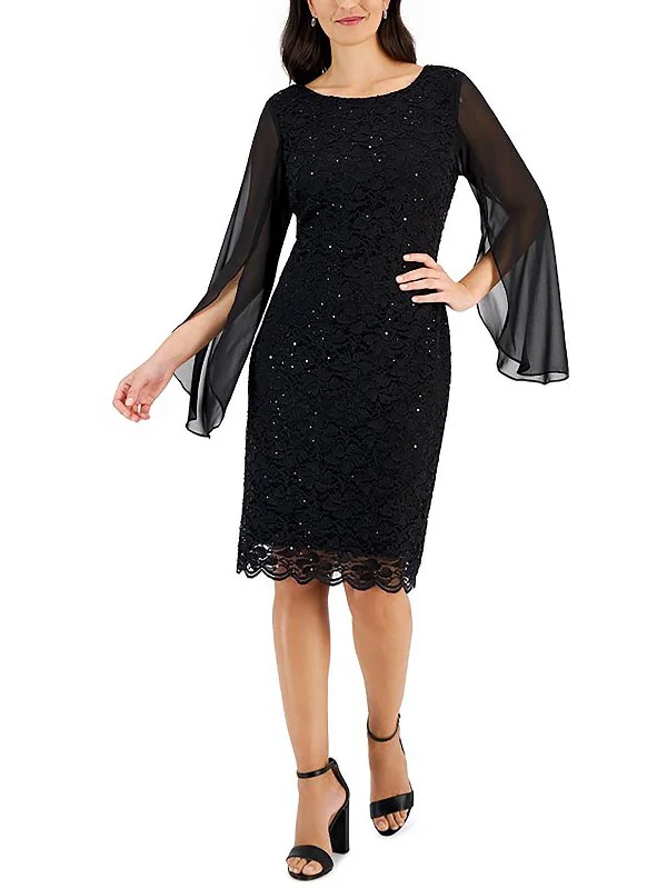 Womens Lace Overlay Knee Length Sheath Dress