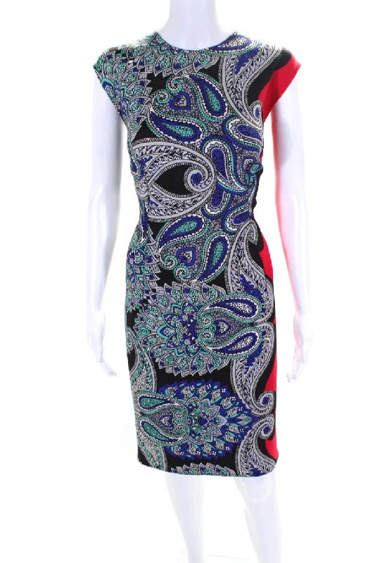 Lanvin Womens Stretch Paisley Print Sleeveless Sheath Dress Black Blue