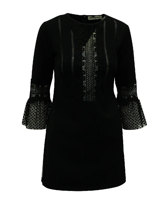 Self-Portrait Lace Trim Dress with Flounce Sleeves in Black Polyester