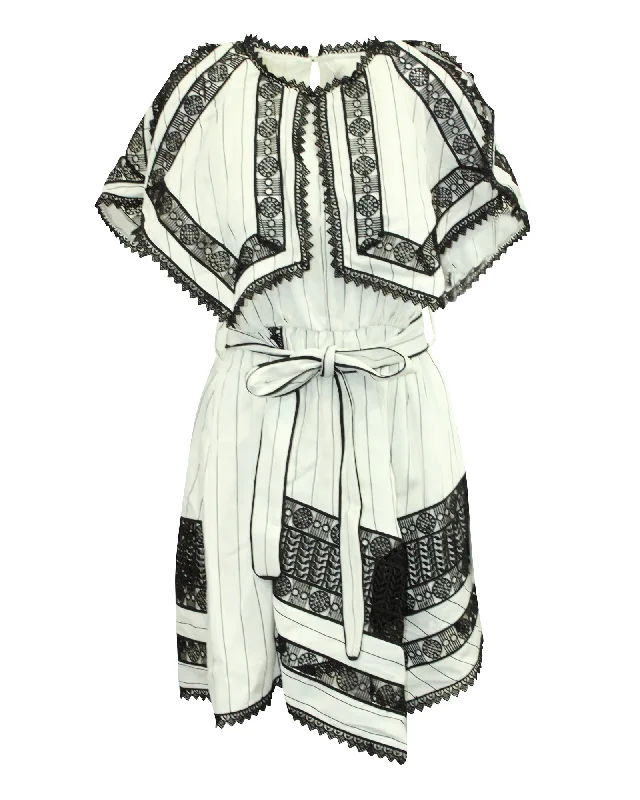 Self-Portrait Monochrome Striped Handkerchief Dress with Lace in White Polyester