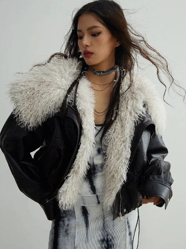 Faux Leather Jacket With Detachable Oversized Fur Collar