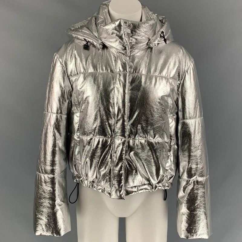 MSGM Size 2 Silver Polyester Quilted Detachable Hood Jacket