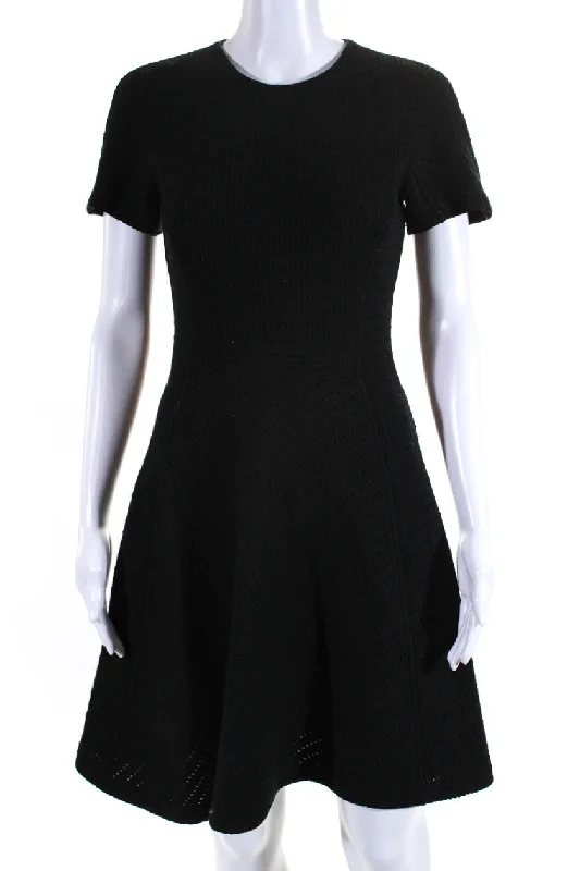 Lela Rose Womens Short Sleeve Knit Crew Neck Fit & Flare Dress Black