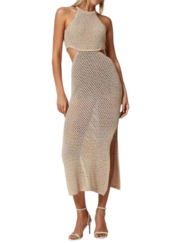 Long Linen Blend Mesh Dress In Beige