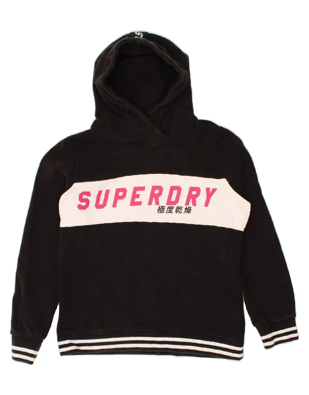 SUPERDRY Womens Graphic Hoodie Jumper UK 16 Large Black Colourblock Cotton