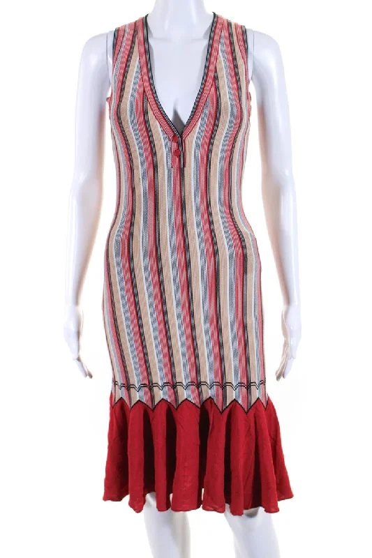 Alaia Womens Striped V Neck Body Con Sleeveless Dress Multi Colored