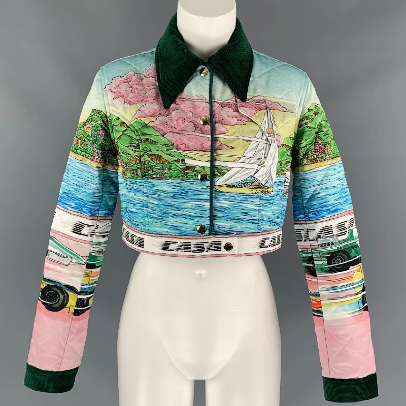 CASABLANCA Size XS Multi-Color Printed Satin Cropped Jacket