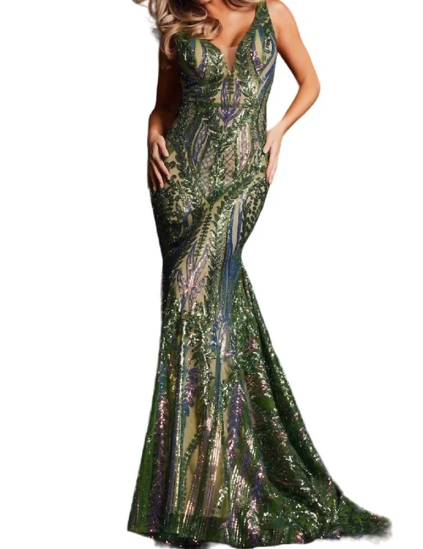 Sequin Mermaid Gown In Iridesent/jade