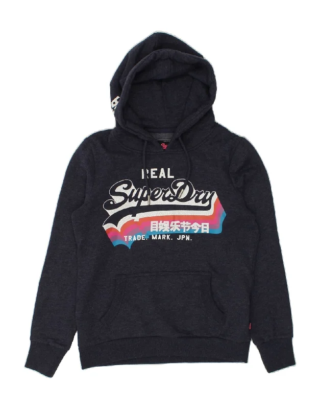 SUPERDRY Womens Graphic Hoodie Jumper UK 12 Medium Navy Blue Cotton