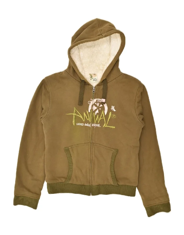 ANIMAL Womens Sherpa Graphic Zip Hoodie Sweater UK 14 Large Khaki Cotton