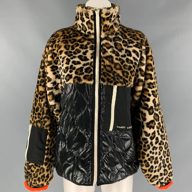 ZANDY LIANG Size XS Tan & Black Leoaprd Print Polyester Blend Dean Faux Fur Jacket