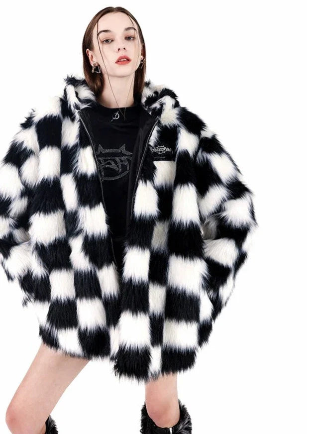 PINKSPINK Checkered Faux Fur Jacket - Black and White