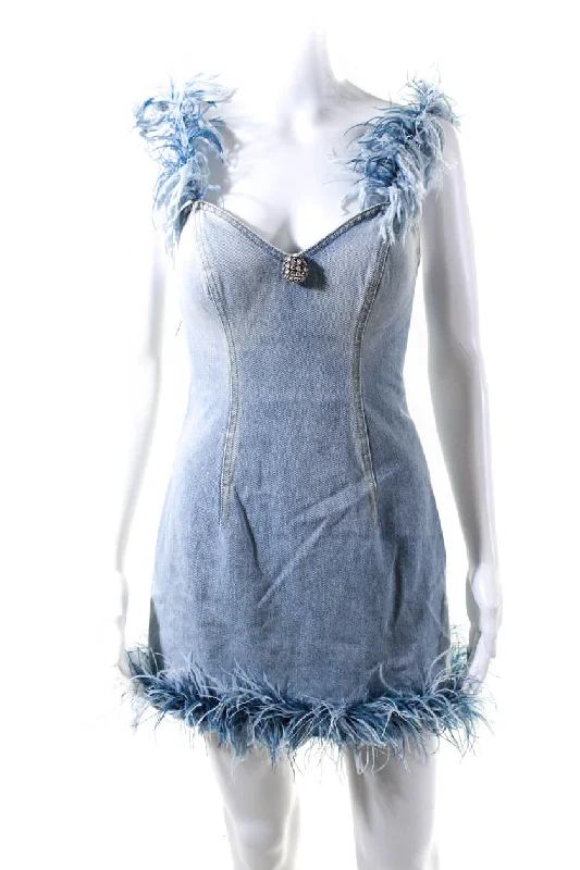 Area Womens Frayed Denim Feather Embellished Sleeveless Mini Dress Blue