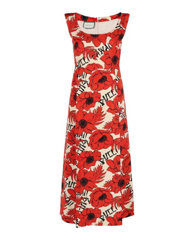 Flying Poppies-Print Silk Dress