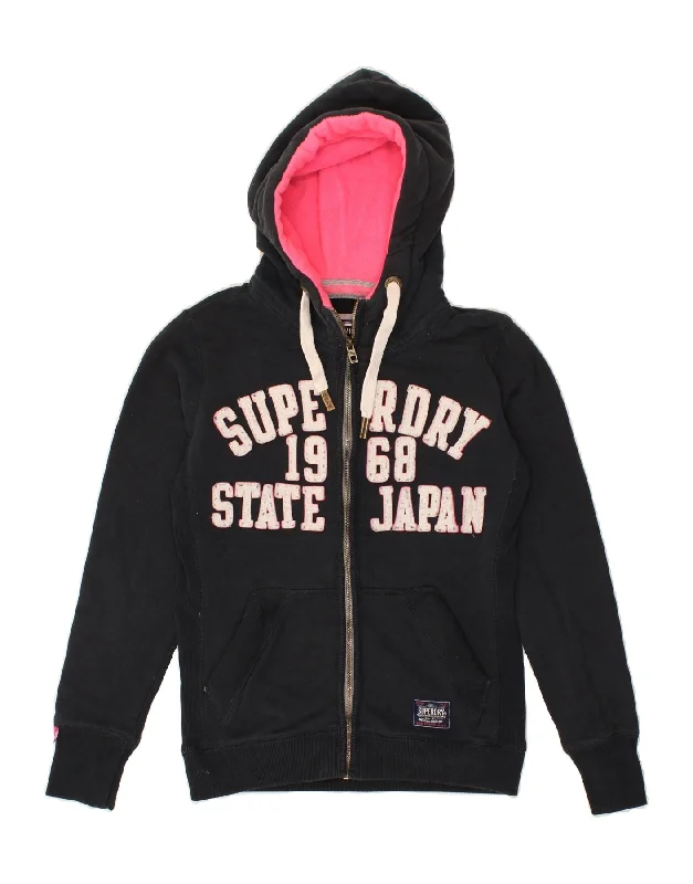 SUPERDRY Womens Graphic Zip Hoodie Sweater UK 10 Small Black Cotton